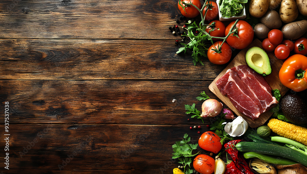 Colorful food arrangement on rustic wooden table from above Colorful food arrangement on rustic wooden table from above