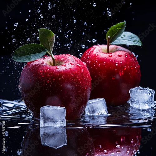 red apples with melting ice cubes and water splashes effects . aspect ratio 1:1 photo