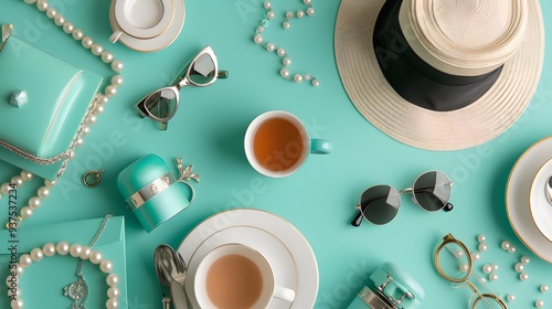 Obraz na płótnie Flat lay design with iconic items from the movie Breakfast at Tiffanys AI generated illustration w salonie