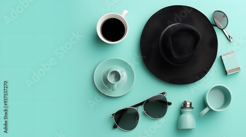Flat lay design with iconic items from the movie Breakfast at Tiffanys AI generated illustration