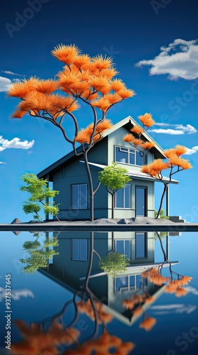 Bright blue house in sunlght with colorful poppies and some graceful trees   photo