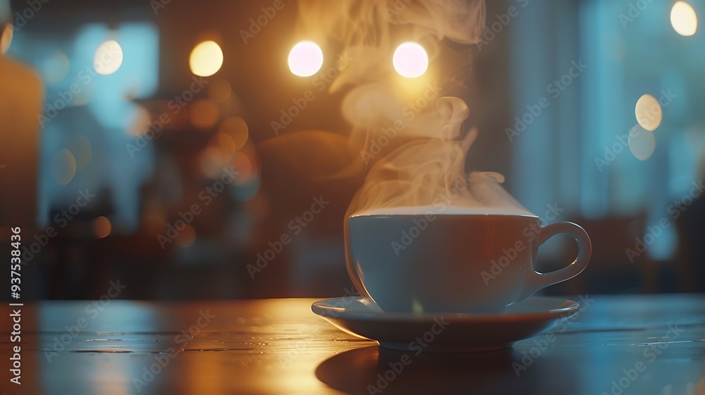 Fototapeta premium A close-up of a coffee cup with steam rising, set against a blurred cafe background.