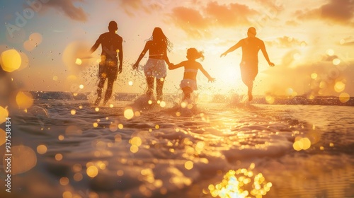 A family of four plays joyfully in the shallow waves, leaving footprints in the sand while the sun sets, creating a warm glow and sparkling reflections on the water photo