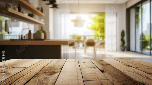 Frame a clear bright image of an unoccupied wood tabletop in the foreground with a soft blur of an ultramodern clean kitchen in the background AI generated illustration