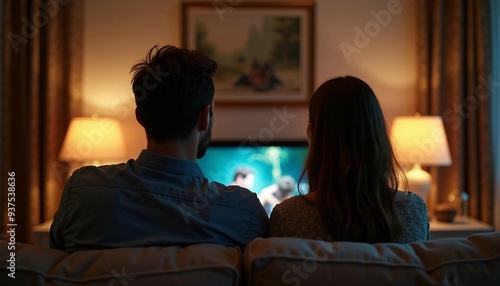 A lovely couple cuddle on an elegant sofa, watching TV in a softly lit, luxurious home. 