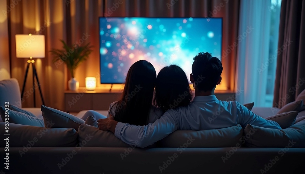 A lovely couple cuddle on an elegant sofa, watching TV in a softly lit, luxurious home.
A lovely couple cuddle on an elegant sofa, watching TV in a softly lit, luxurious home.