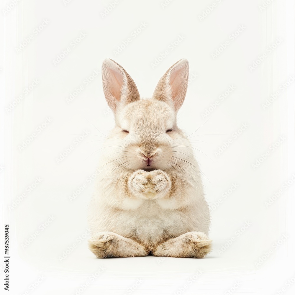 Fototapeta premium A cute, fluffy rabbit sitting peacefully, with soft white fur and upright ears, perfect for nature and animal-themed projects.