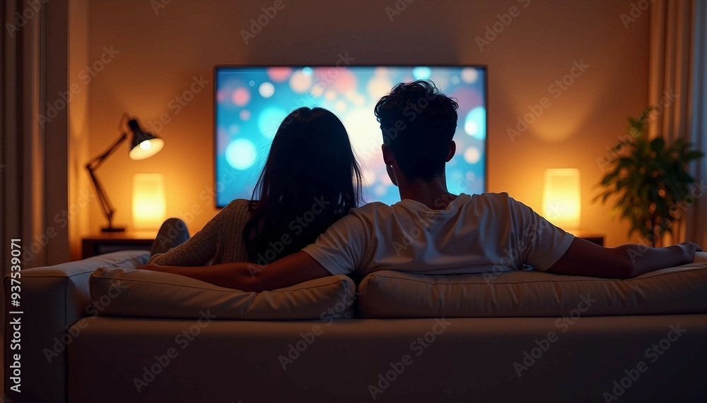 A lovely couple cuddle on an elegant sofa, watching TV in a softly lit, luxurious home.
A lovely couple cuddle on an elegant sofa, watching TV in a softly lit, luxurious home.