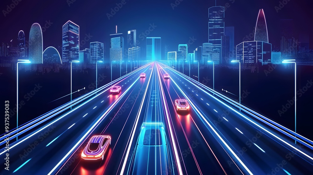 Fototapeta premium Futuristic highway with self-driving cars in 3D style art AI generated illustration