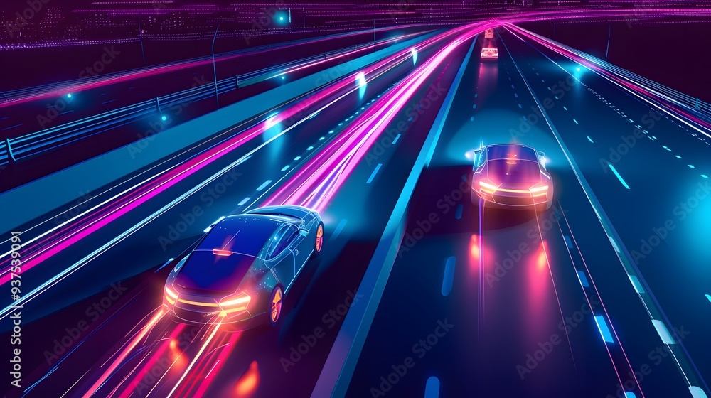 Fototapeta premium Futuristic highway with self-driving cars in 3D style art AI generated illustration