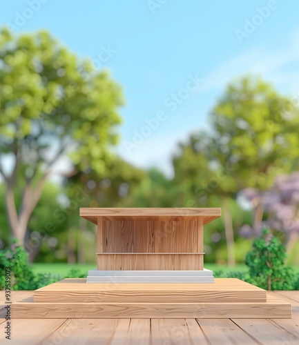 Wooden Platform With Blurred Green Background