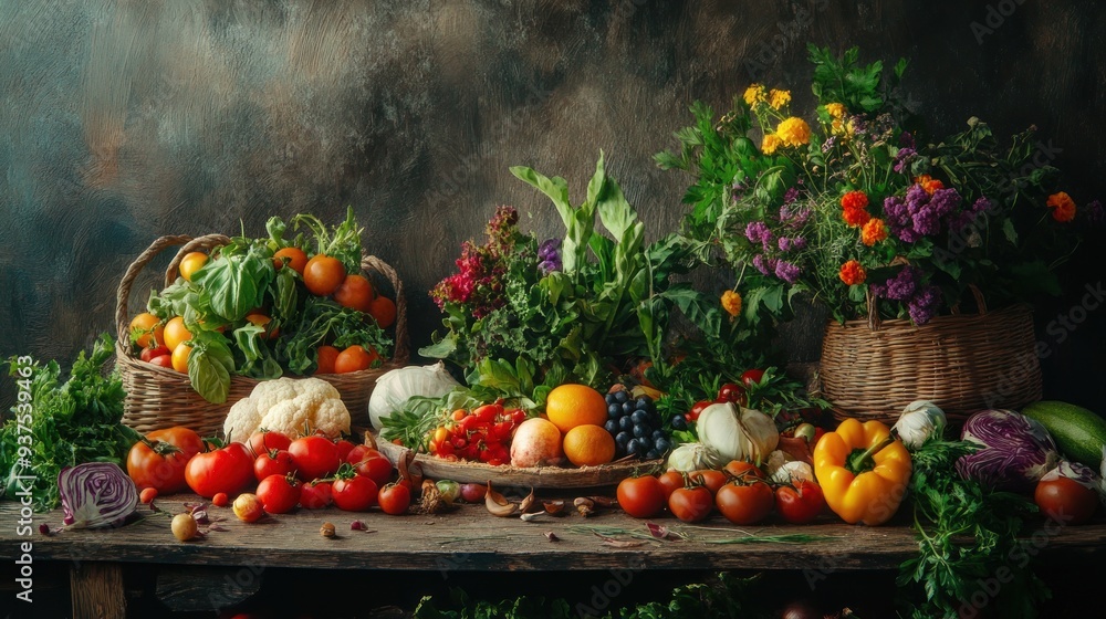 Still Life with Fresh Produce and Flowers on Rustic Tabletop Still Life with Fresh Produce and Flowers on Rustic Tabletop