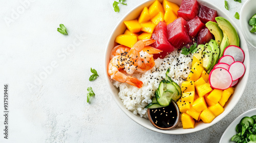 Hawaiian poke bowl assortment featuring tuna, salmon, and shrimp, complemented by avocado, mango, radish, and rice. Includes soy sauce and sesame dressing, presented on a white table from a top-down