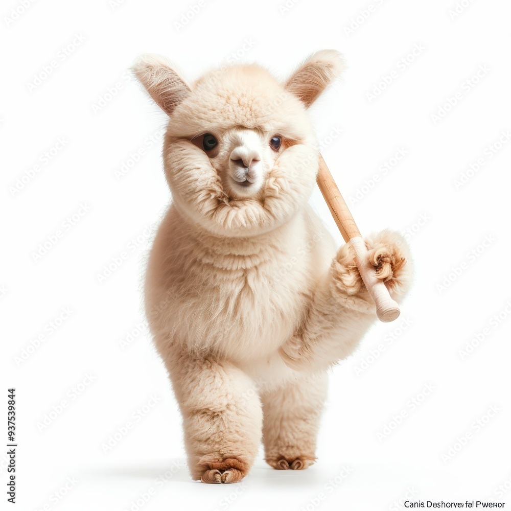 A playful and fluffy alpaca posing with a stick, showcasing its adorable and charming personality in a bright setting. A playful and fluffy alpaca posing with a stick, showcasing its adorable and charming personality in a bright setting.