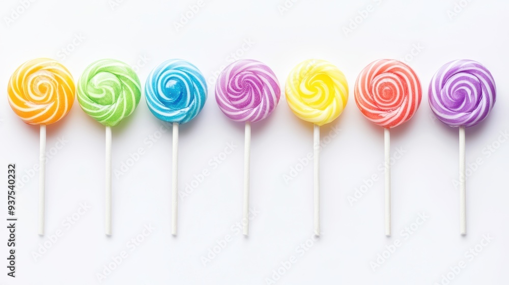 A row of colorful lollipops in vibrant rainbow hues, lined up against a white background, evoking a sense of fun and sweetness. A row of colorful lollipops in vibrant rainbow hues, lined up against a white background, evoking a sense of fun and sweetness.