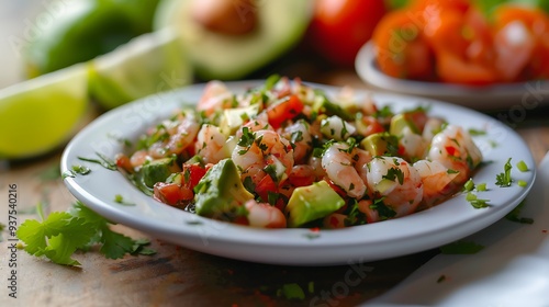 A close-up of a plate of shrimp ceviche, with diced shrimp, avocado, tomato, and cilantro.