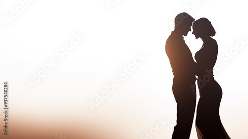 A couple dancing symbolizing joy and love in relationships, against a soft white background, positioned on the right side with the left side empty.