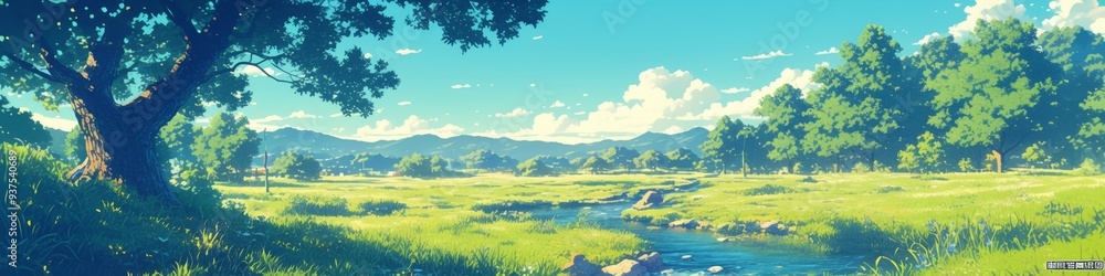 Obraz premium Serene Nature Landscape: Meandering River Through Lush Green Meadows. Abstract Anime-Inspired Spring and Summer Scenery for Forest Park Marketing. AI-Generated Artistic Design for UI, Posters, and 4K 