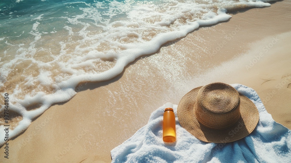 Relaxing beach scene with a straw hat, sunscreen, and a beach towel - Relaxing beach scene with a straw hat, sunscreen, and a beach towel -