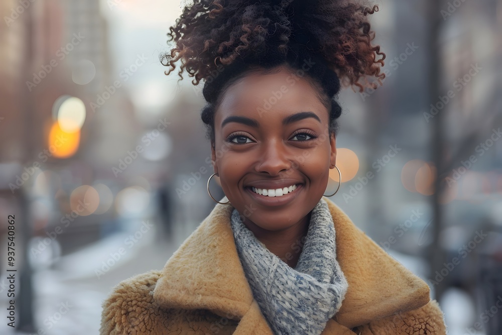 Smiling Woman in Warm Coat Looking at Camera in City Smiling Woman in Warm Coat Looking at Camera in City
