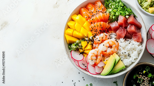 Hawaiian poke bowl assortment featuring tuna, salmon, and shrimp, complemented by avocado, mango, radish, and rice. Includes soy sauce and sesame dressing, presented on a white table from a top-down