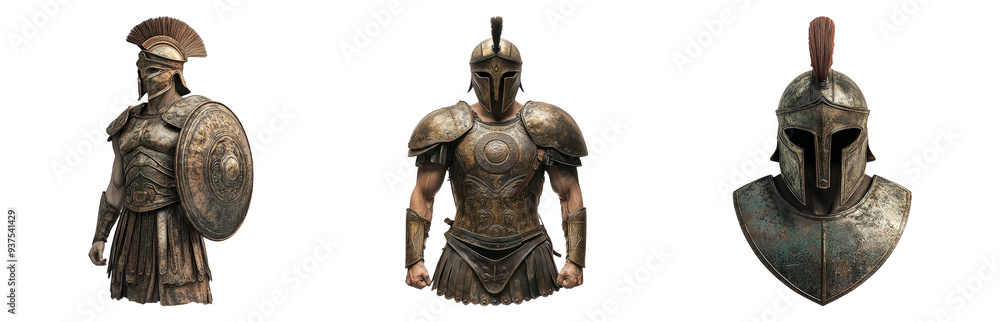 Ancient armor set isolated on transparent background with shields and helmets Ancient armor set isolated on transparent background with shields and helmets