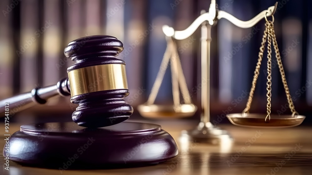 Legal Gavel and Scales on Table with Blurred Book Background, Text Space for Legal Stock Image Legal Gavel and Scales on Table with Blurred Book Background, Text Space for Legal Stock Image