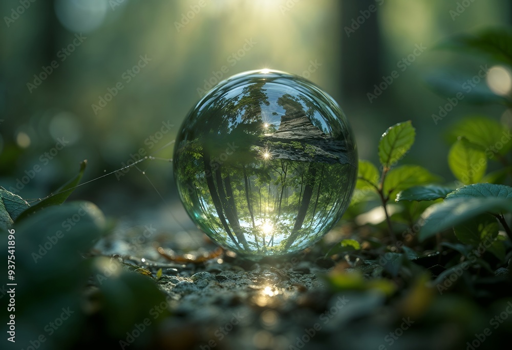 Mystical Crystal Sphere Nestled in Lush Forest Floor Reflecting Nature's Beauty Mystical Crystal Sphere Nestled in Lush Forest Floor Reflecting Nature's Beauty