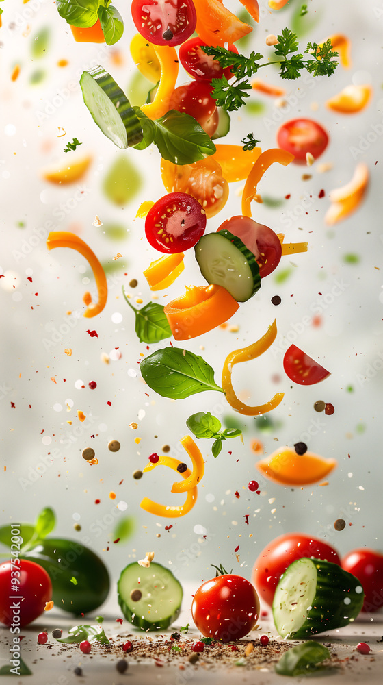 Sliced cucumbers, bell peppers, cherry tomatoes and spices falling on the table Sliced cucumbers, bell peppers, cherry tomatoes and spices falling on the table