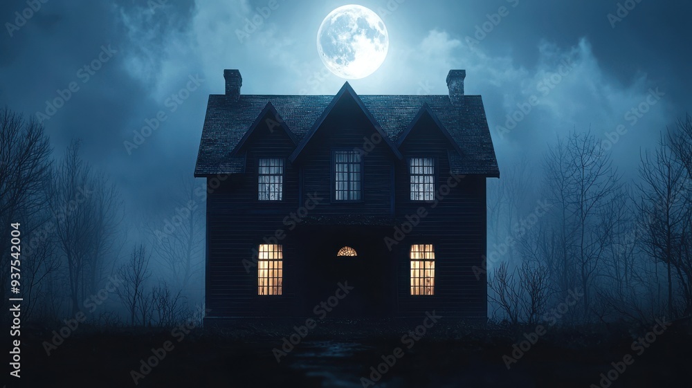Spooky house under a bright full moon, surrounded by eerie fog and bare trees, creating a mysterious atmosphere at night. Spooky house under a bright full moon, surrounded by eerie fog and bare trees, creating a mysterious atmosphere at night.