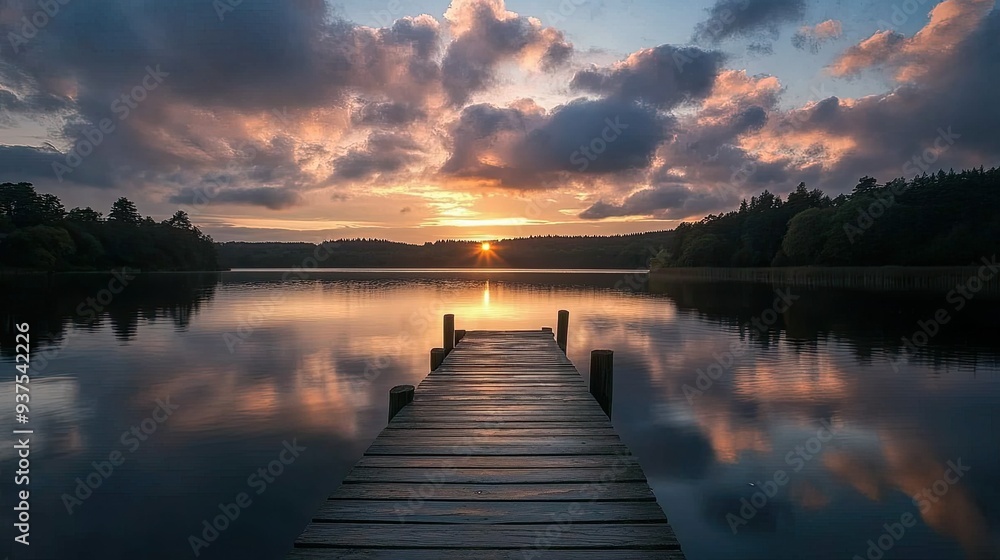 Sunset over a calm lake with a silhouette of a wooden pier Sunset over a calm lake with a silhouette of a wooden pier