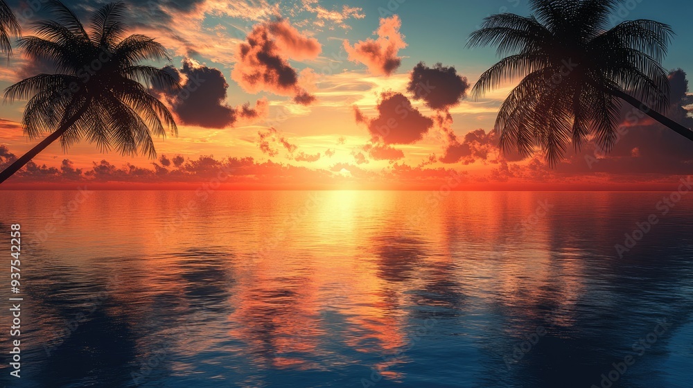 Sunset reflecting on calm ocean waters with silhouetted palm trees Sunset reflecting on calm ocean waters with silhouetted palm trees