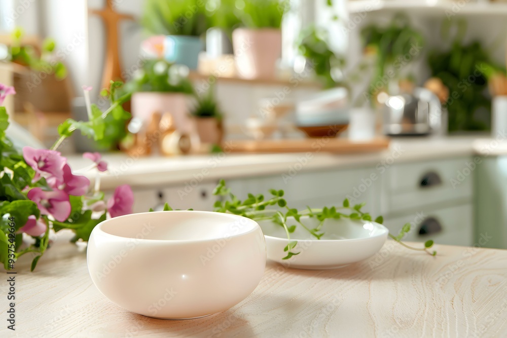 White Ceramic Bowl on Wooden Tabletop in Kitchen White Ceramic Bowl on Wooden Tabletop in Kitchen