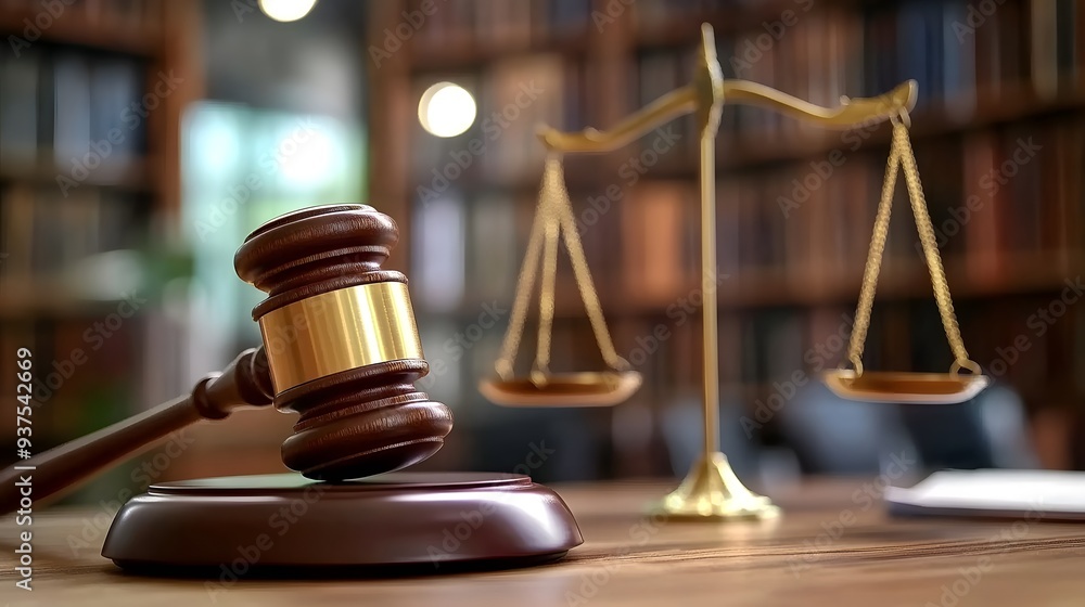 Legal Gavel and Scales on Table with Blurred Book Background, Text Space for Legal Stock Image Legal Gavel and Scales on Table with Blurred Book Background, Text Space for Legal Stock Image