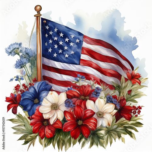 Watercolor American flag, patriotic florals, red, white and blue flowers. Memorial day. America, USA