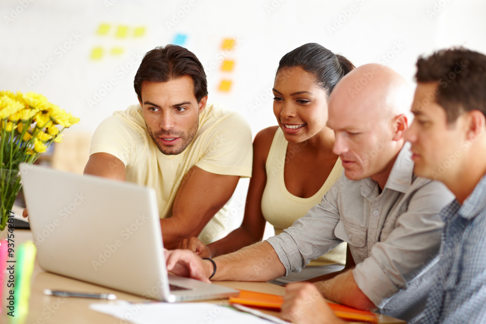 Laptop, discussion and group of business people in office for creative project feedback, review or brief. Happy, meeting and manager with public relations team for startup brand report on computer. Laptop, discussion and group of business people in office for creative project feedback, review or brief. Happy, meeting and manager with public relations team for startup brand report on computer.