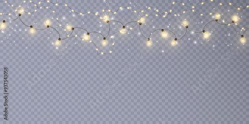 Christmas lights on transparent background. Glowing golden Christmas lights of New Year garland.