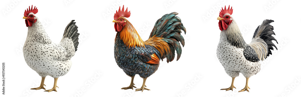 Fototapeta premium Rooster set isolated on transparent background with vibrant feathers