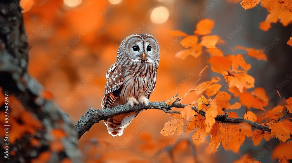 Autumn in nature with Ural Owl, Strix uralensis, sitting on a branch with orange leaves in an oak forest, Norway. Wildlife scene from nature. copy space for text. Autumn in nature with Ural Owl, Strix uralensis, sitting on a branch with orange leaves in an oak forest, Norway. Wildlife scene from nature. copy space for text.