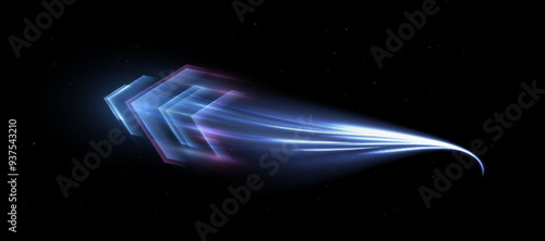 Light effect of high-speed movement of the speed of light along a curved trajectory. Dynamic movement of the high-speed arrow of light energy. 