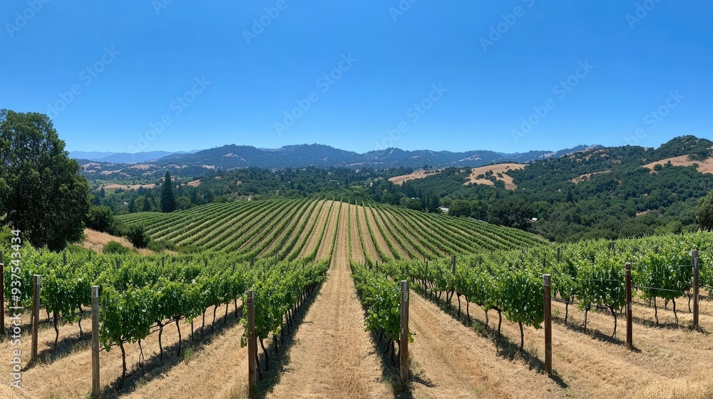 A scenic summer view of rolling vineyards and bright blue skies - A scenic summer view of rolling vineyards and bright blue skies -