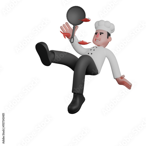 3D Male Chef in Restaurant. A chef is accidentally falling while holding a frying pan filled with shrimp. Cartoon Illustration