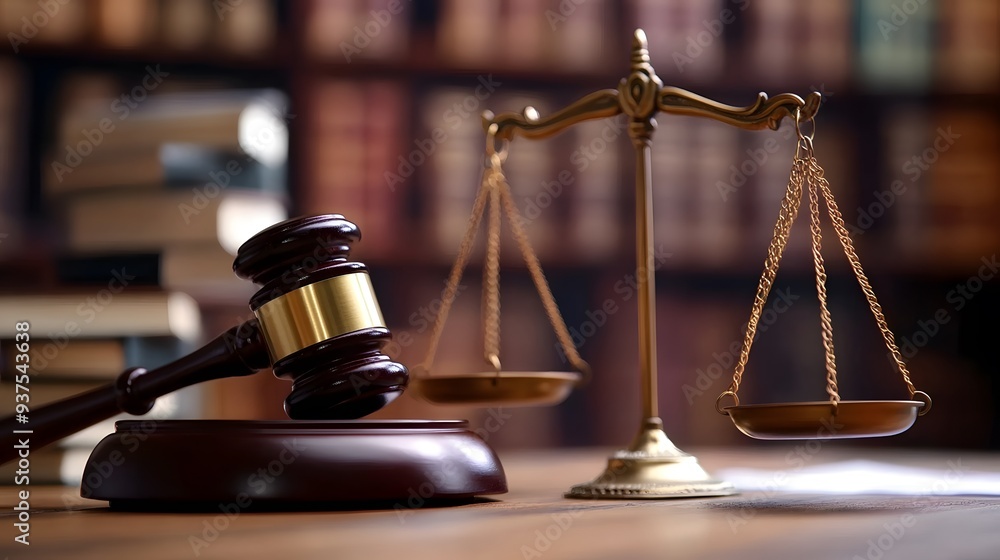 Gavel and Scales of Justice on Table with Blurred Books, Copy Space for Legal Text Stock Photo Gavel and Scales of Justice on Table with Blurred Books, Copy Space for Legal Text Stock Photo