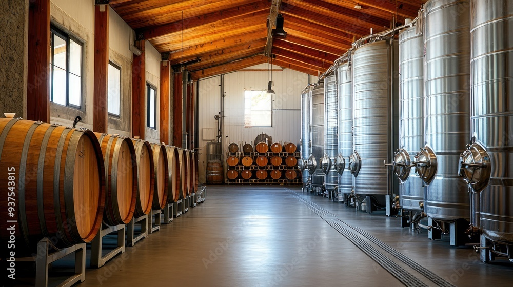 A winery fermentation room with large tanks and barrels in the background A winery fermentation room with large tanks and barrels in the background