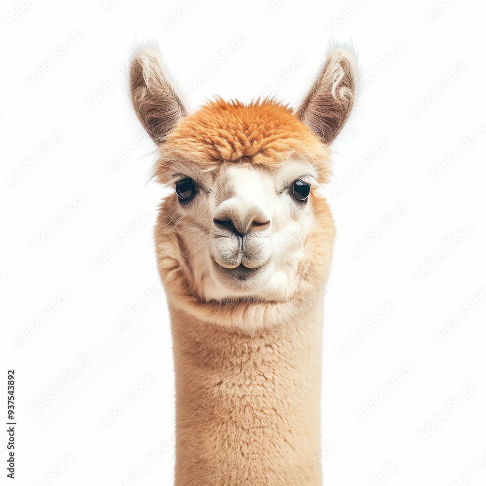 Obraz premium Close-up portrait of a friendly llama, showcasing its soft fur and expressive eyes against a clean white background.