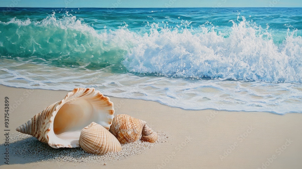 Beach scene with seashells, sand, and gentle waves crashing on the shore Beach scene with seashells, sand, and gentle waves crashing on the shore