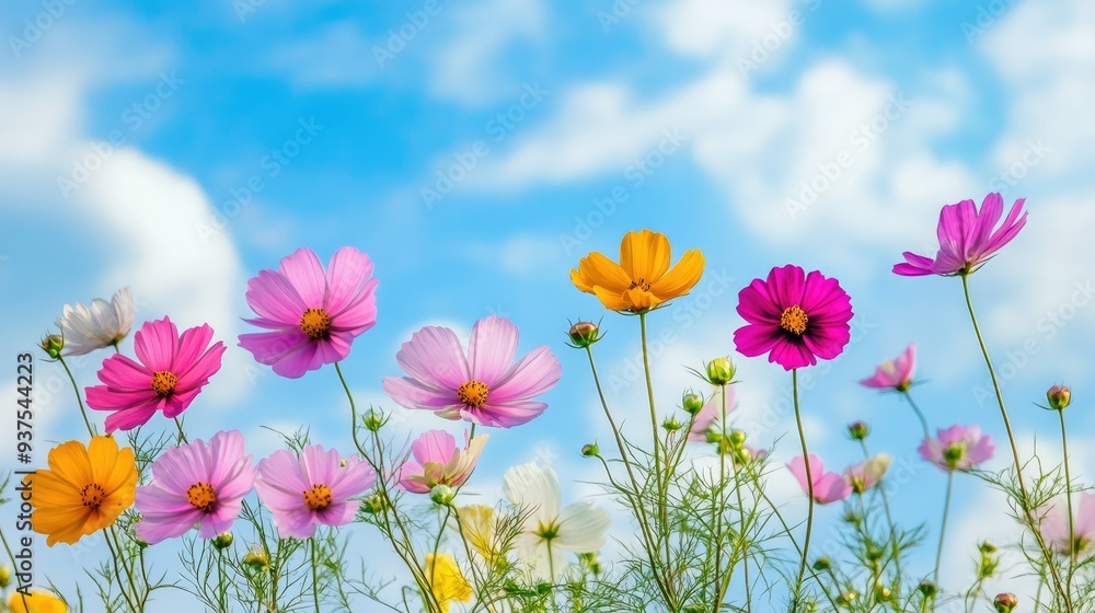 Brightly colored summer flowers in full bloom against a blue sky Brightly colored summer flowers in full bloom against a blue sky