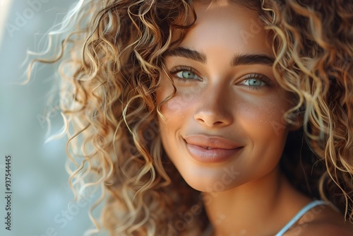 Soft Focus Portrait of Blonde Woman with Natural Curly Hair Smiling