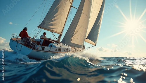 Bright sunlight lights a sailboat racing across the churning sea, with a determined sailor adjusting the sails.