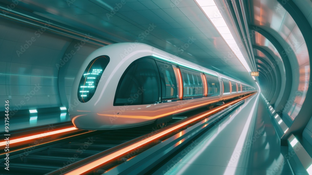 Futuristic train in a sleek tunnel, showcasing advanced technology and dynamic design with vibrant lighting. Futuristic train in a sleek tunnel, showcasing advanced technology and dynamic design with vibrant lighting.